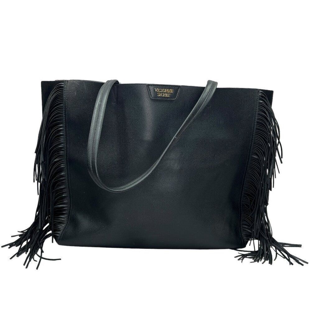 Victoria's Secret Women's Black Faux Leather Fringe Tote Shoulder‎ Bag